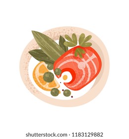 Salmon fish, greens and slice of lemon in plate, top view. Delicious dish for dinner. Flat vector icon with texture