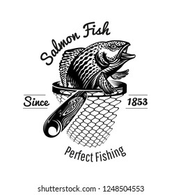 Salmon Fish Head Up From Landing Net In Engraving Style. Logo For Fishing Or Fishing Shop Isolated On White 