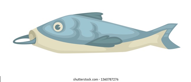 Salmon fish with hook in mouth isolated underwater sea animal vector catch fishing and seafood fishery item scales and flippers or tail tuna or porch hobby or sport leisure pastime bass or trout.