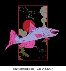salmon fish illustration design for sukajan is mean japan traditional cloth or t-shirt with digital hand drawn Embroidery Men T-shirts Summer Casual Short Sleeve Hip Hop T Shirt Streetwear