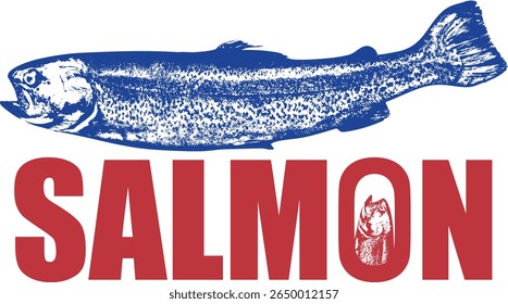 Salmon fish illustration icon vector. Bold red SALMON text with blue vintage salmon sketch. Perfect for seafood label, logo, or restaurant branding design.