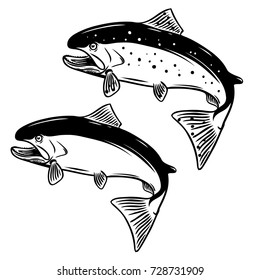 Salmon fish illustration on white background. Design element for logo, label,emblem, sign. Vector illustration