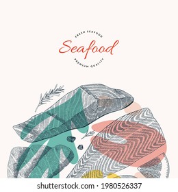 Salmon fish illustration, vector template with hand drawn art of salmon fillet and steak, culinary ongredients, bannerr or card design with logo for seafood restaurant or cafe