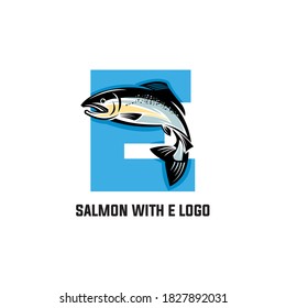 salmon fish with letter e logo, vector illustrations