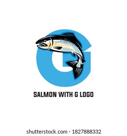 salmon fish with letter g logo, vector illustrations