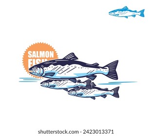 SALMON FISH LOGO, silhouette of great fish swimming vector illustrations