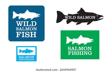 Logotipo del pez del salmón y algunos de sus usos, silueta de las grandes Ilustraciones vectoriales del pez