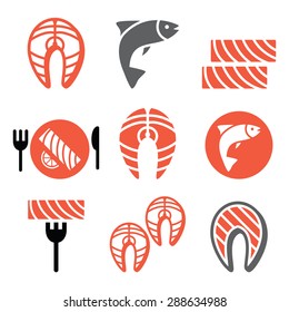 Salmon fish and meal - food icons set 