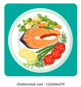 Salmon fish meat slice and vegetables vector illustration