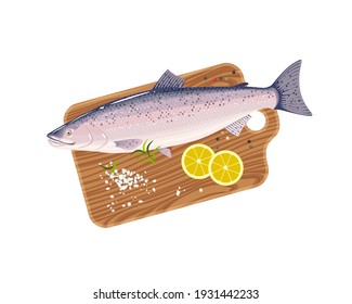 Salmon fish on cutting board with lemon, salt and pepper. Vector illustration cartoon flat icon isolated on white background.