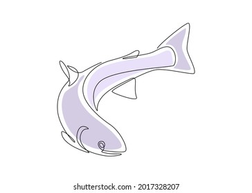 Salmon fish in one continuous line drawing. Wild trout in linear sketch style with blue color shapes on white background. Vector illustration