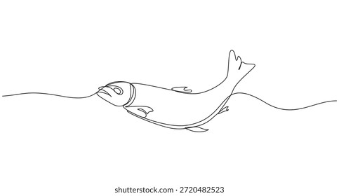 Peces de salmón en una Ilustración vectorial de estilo de dibujo de línea continua, Un dibujo de línea simple de un pez que nada en el agua, Dibujo de línea continua de un pez que nada