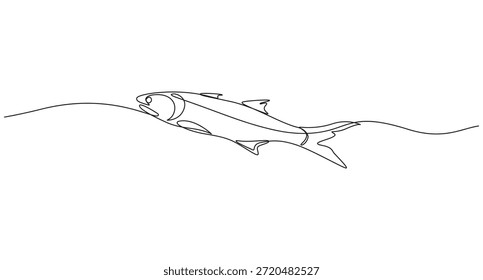 Peces de salmón en una Ilustración vectorial de estilo de dibujo de línea continua, Un dibujo de línea simple de un pez que nada en el agua, Dibujo de línea continua de un pez que nada