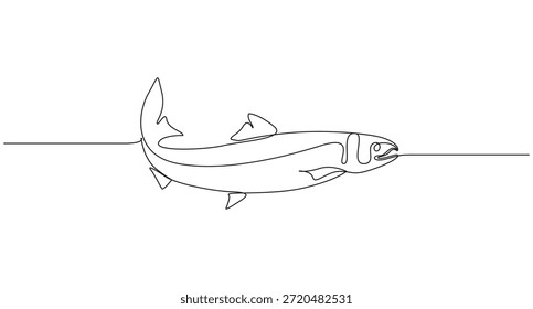 Salmon fish in one continuous line art drawing style vector illustration,A simple line drawing of a fish swimming in water,Continuous Line Drawing of a Swimming Fish
