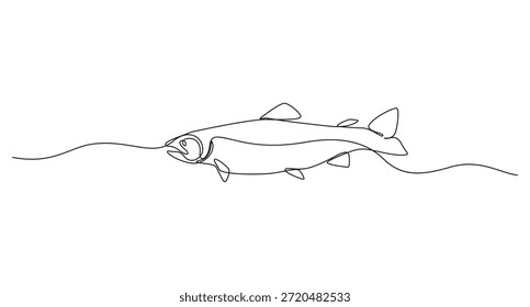 Peces de salmón en una Ilustración vectorial de estilo de dibujo de línea continua, Un dibujo de línea simple de un pez que nada en el agua, Dibujo de línea continua de un pez que nada