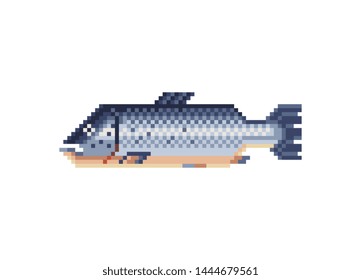 Salmon fish pxel art icon. Isolated vector illustration. 8-bit sprite. Design stickers, logo, mobile app.