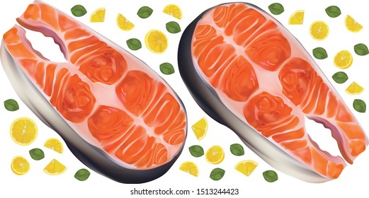Salmon fish raw steaks with lemon. Red fish, delicacy. Fillet, steak of fresh salmon. Seafood for your menu. 3D vector illustration isolated on white background.