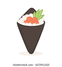 Salmon Fish Roe Sushi Temaki Hand Roll Cone Shape Japanese Rolled Food Vector Illustration isolated on white background