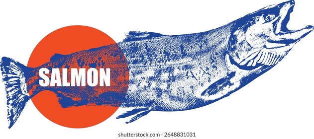 Salmon fish, seafood illustration, vintage fish drawing, engraving style, food packaging, restaurant branding, fish market, sushi menu, organic seafood retro seafood art logo