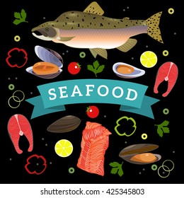 Salmon fish seafood set fresh.  Cartoon style black background delicacy fillet mussels clams leaves lemon slice onion rings cherry tomato olives pepper parsley restaurant food fresh sea cl