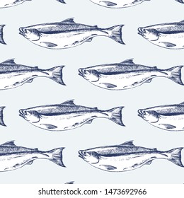Salmon fish seamless pattern. Engrave style. Vector illustration
