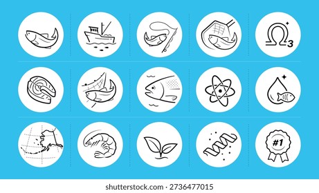 Salmon fish set icons. Perfect for food, pet food and products, omega 3 supplements.The outline icons are well scalable and editable. Contrasting elements are good for different backgrounds. EPS10.