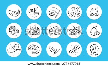 Salmon fish set icons. Perfect for food, pet food and products, omega 3 supplements.The outline icons are well scalable and editable. Contrasting elements are good for different backgrounds. EPS10.