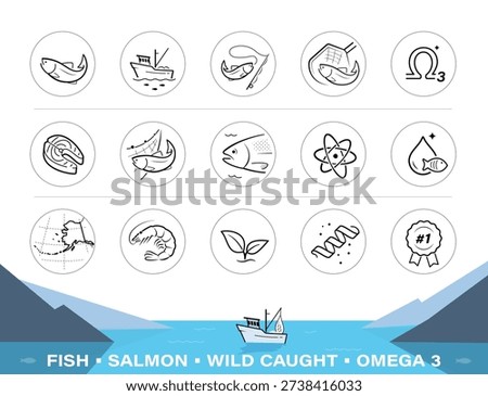 Salmon fish set icons. Perfect for food, pet food and products, omega 3 supplements.The outline icons are well scalable and editable. Contrasting elements are good for different backgrounds. EPS10.