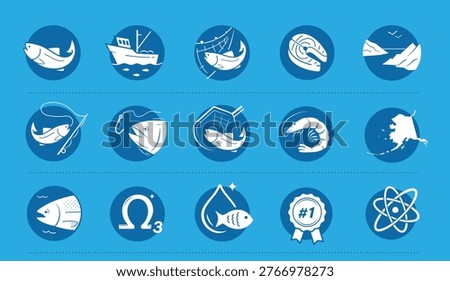 Salmon fish set icons. Perfect for food, pet food and products, omega 3 supplements.The outline icons are well scalable and editable. Contrasting elements are good for different backgrounds. EPS10.