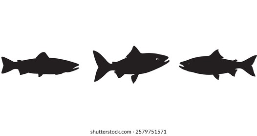 Salmon Fish silhouette in line art style. Fish vector by hand drawing, Fish tattoo on white background, Fish Vector Illustration.