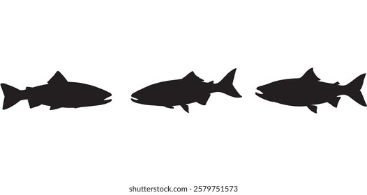 Salmon Fish silhouette in line art style. Fish vector by hand drawing, Fish tattoo on white background, Fish Vector Illustration.