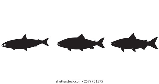 Salmon Fish silhouette in line art style. Fish vector by hand drawing, Fish tattoo on white background, Fish Vector Illustration.