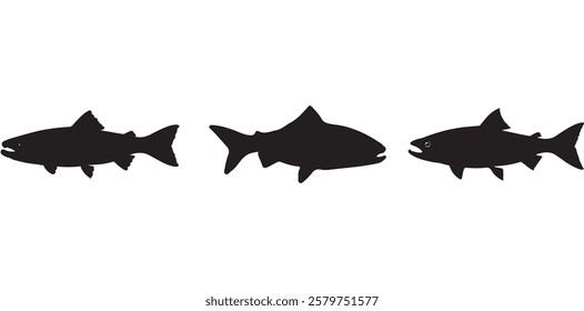 Salmon Fish silhouette in line art style. Fish vector by hand drawing, Fish tattoo on white background, Fish Vector Illustration.