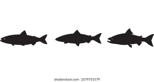 Salmon Fish silhouette in line art style. Fish vector by hand drawing, Fish tattoo on white background, Fish Vector Illustration.