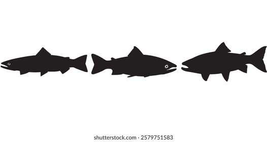 Salmon Fish silhouette in line art style. Fish vector by hand drawing, Fish tattoo on white background, Fish Vector Illustration.