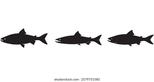 Salmon Fish silhouette in line art style. Fish vector by hand drawing, Fish tattoo on white background, Fish Vector Illustration.