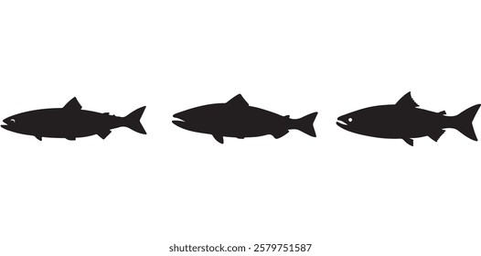 Salmon Fish silhouette in line art style. Fish vector by hand drawing, Fish tattoo on white background, Fish Vector Illustration.