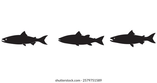 Salmon Fish silhouette in line art style. Fish vector by hand drawing, Fish tattoo on white background, Fish Vector Illustration.