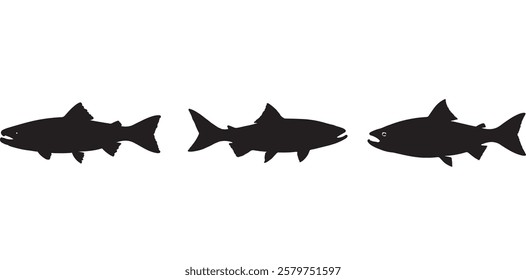 Salmon Fish silhouette in line art style. Fish vector by hand drawing, Fish tattoo on white background, Fish Vector Illustration.