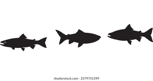 Salmon Fish silhouette in line art style. Fish vector by hand drawing, Fish tattoo on white background, Fish Vector Illustration.