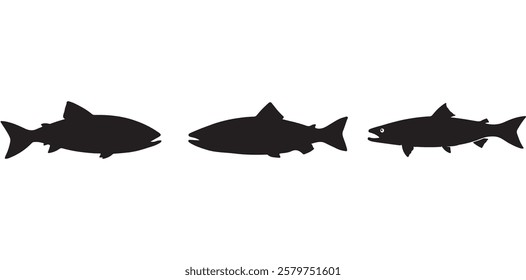 Salmon Fish silhouette in line art style. Fish vector by hand drawing, Fish tattoo on white background, Fish Vector Illustration.