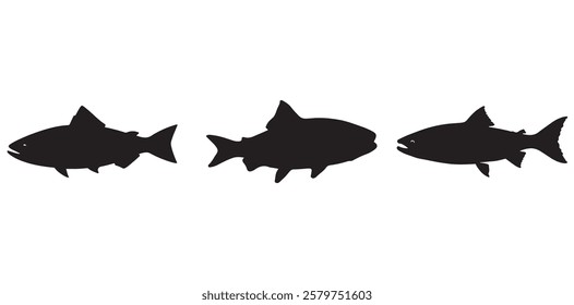 Salmon Fish silhouette in line art style. Fish vector by hand drawing, Fish tattoo on white background, Fish Vector Illustration.