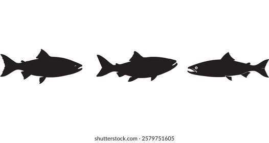 Salmon Fish silhouette in line art style. Fish vector by hand drawing, Fish tattoo on white background, Fish Vector Illustration.