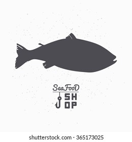 Salmon fish silhouette. Seafood shop logo branding template for craft food packaging or restaurant design. Vector illustration