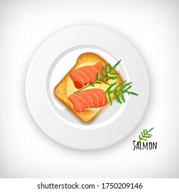 Salmon fish slice, arugula leaves, toast bread with butter on white plate in flat style. Breakfast, lunch, snack menu. Lettering Salmon. Organic healthy bio products. Hand drawn vector illustration.