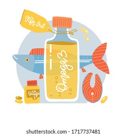 Salmon fish steak, oil bottle, softgel pills concept. Nutrition omega 3 fatty acids salmon fish composition for poster, banner, etc. Flat vector illustration with lettering.