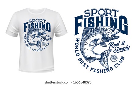 Salmon Fish T-shirt Print, Fishing Sport Lettering. Vector Salmon, Ocean Animal With Spots And Curved Tail Blue Badge, Custom Apparel Of Fisherman Club, Fishing Camp Or Competition Design