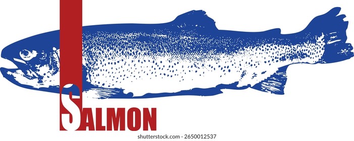 Salmon fish vector illustration. Blue vintage fish graphic with bold red SALMON text icon. Great for seafood branding, restaurant logo, or food product design.