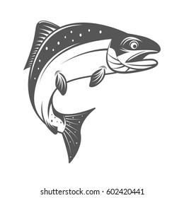 Salmon fish vector illustration in monochrome vintage style. Design element for logo, label, emblem.