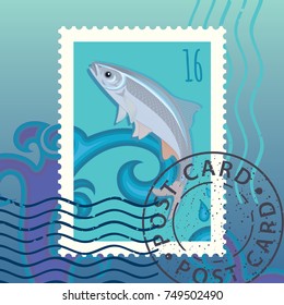 Salmon fish. Vector illustration. Stamp. Mark. Postage card.